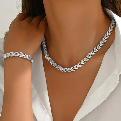 ✨ Women’s Luxury Willow Leaf Diamond Bracelet & Necklace Set – Elegant Jewelry Gift