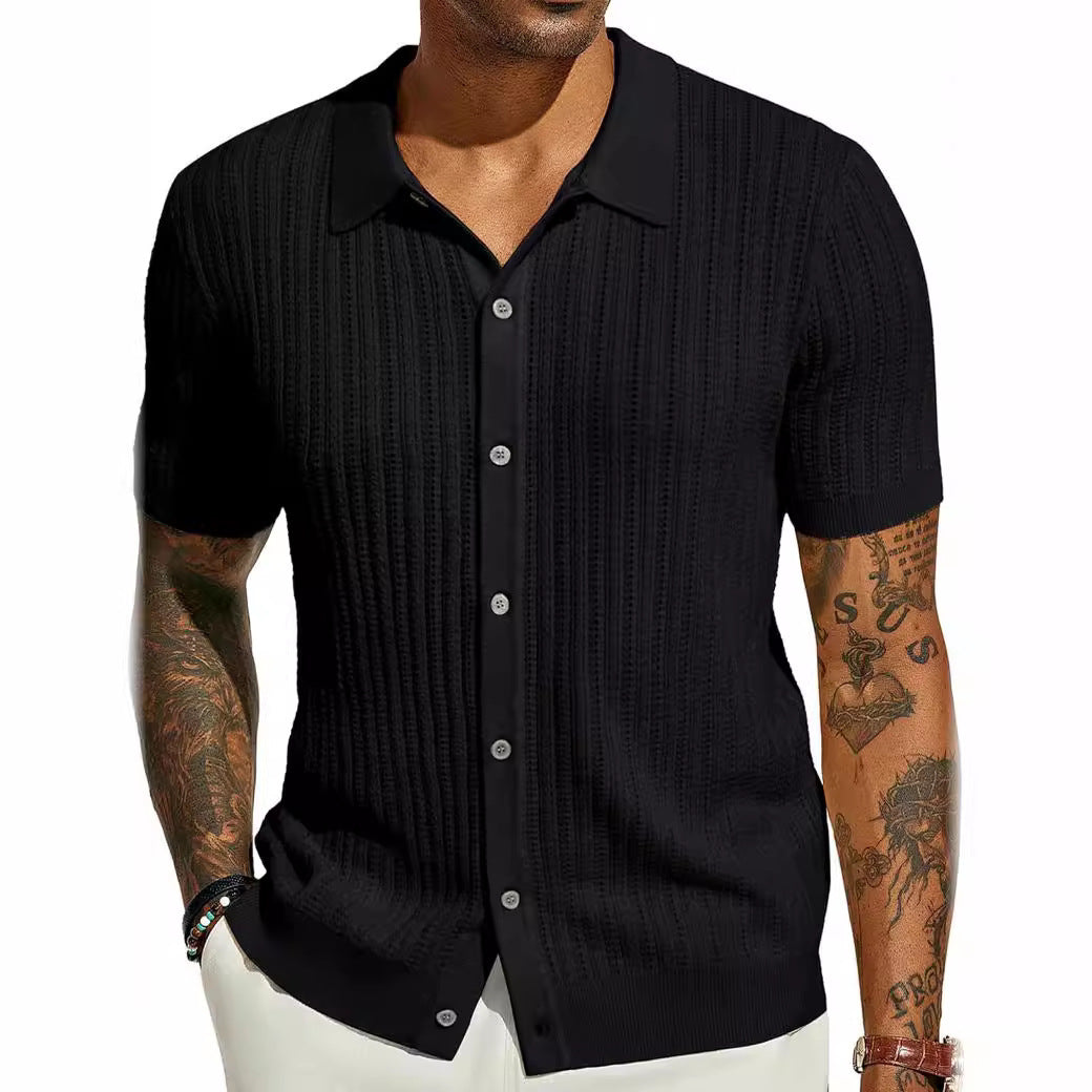 Men's Knitted Short Sleeve Button-Down Shirt, Solid Color