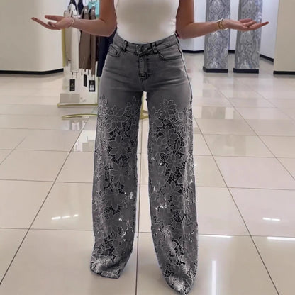 🌸 Women’s Lace Hollow High Waist Wide-Leg Jeans – Elegant & Stylish
