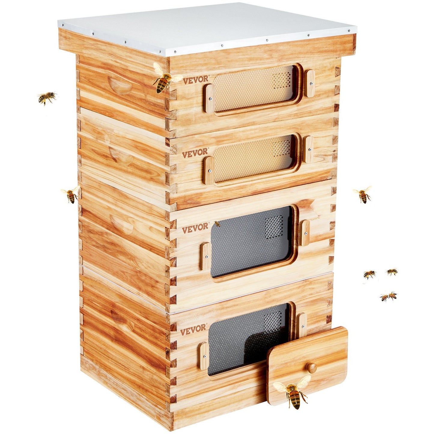 The Bee Hive 40 Frame Starter Kit includes beeswax-coated cedar wood, two deep, and two medium bee boxes.