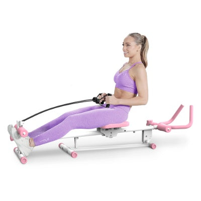 Woman using 4-in-1 ab workout equipment rowing machine for full body exercise