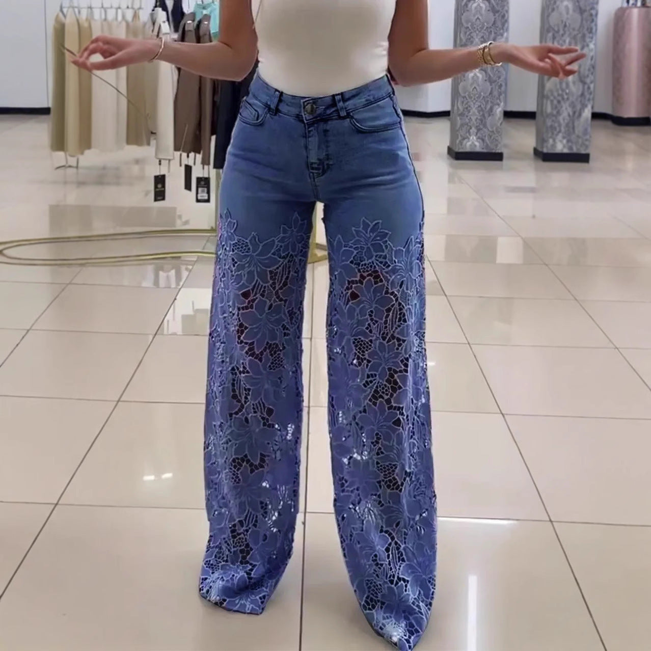 🌸 Women’s Lace Hollow High Waist Wide-Leg Jeans – Elegant & Stylish
