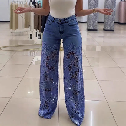 🌸 Women’s Lace Hollow High Waist Wide-Leg Jeans – Elegant & Stylish