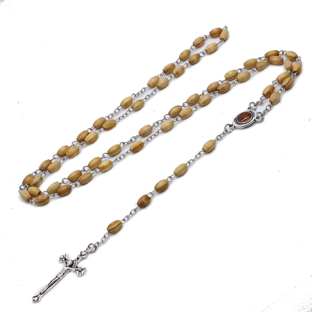Wooden rice beads rosary cross necklace