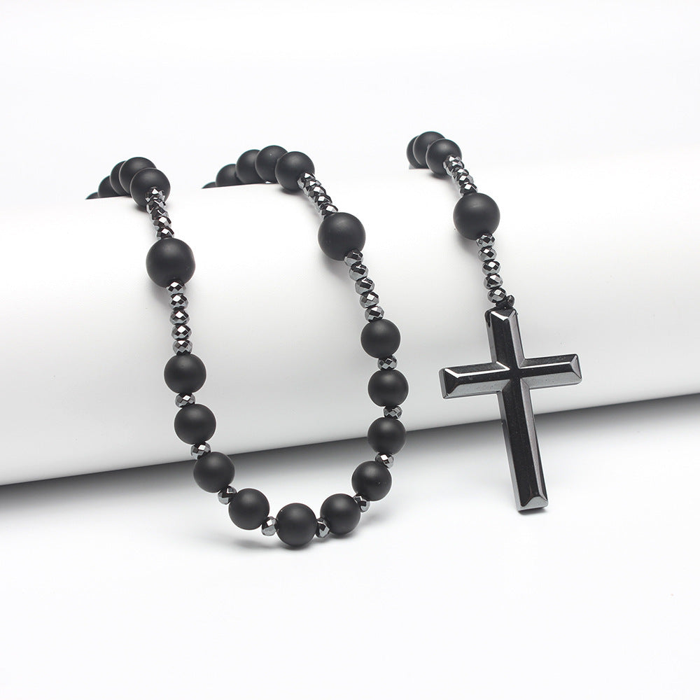 Natural Round Beads Long Chain Cross Necklace – Elegant Prayer Jewelry
