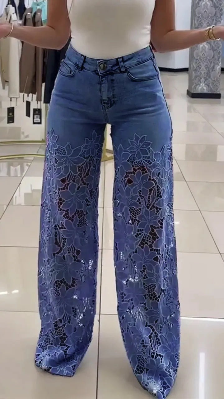 🌸 Women’s Lace Hollow High Waist Wide-Leg Jeans – Elegant & Stylish