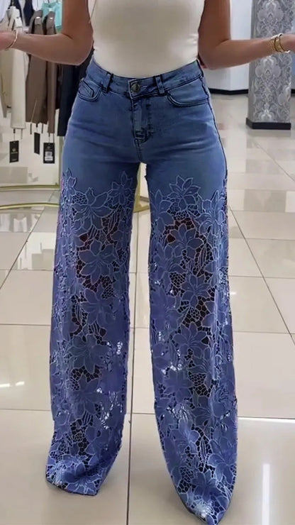 🌸 Women’s Lace Hollow High Waist Wide-Leg Jeans – Elegant & Stylish