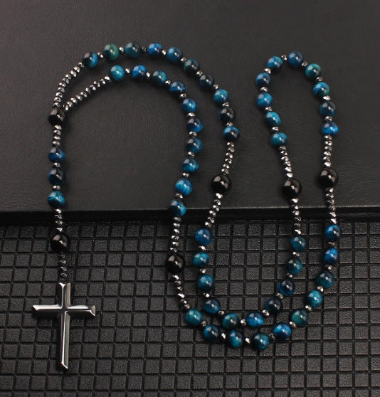 Natural Round Beads Long Chain Cross Necklace – Elegant Prayer Jewelry