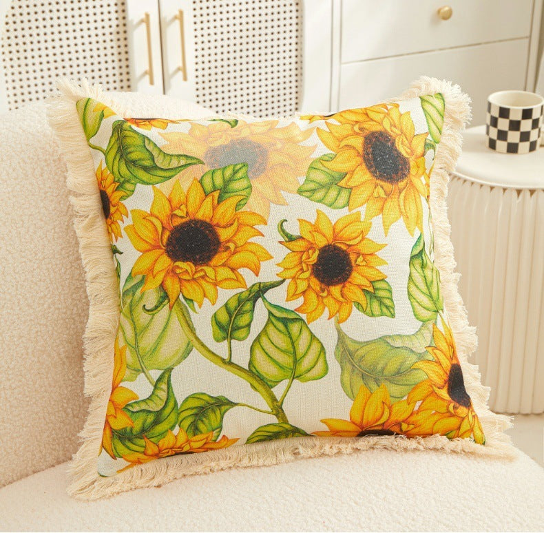 Tassel Sunflower Linen Printed Pillowcase Home Bedroom Bedside Soft Upholstery Pillow