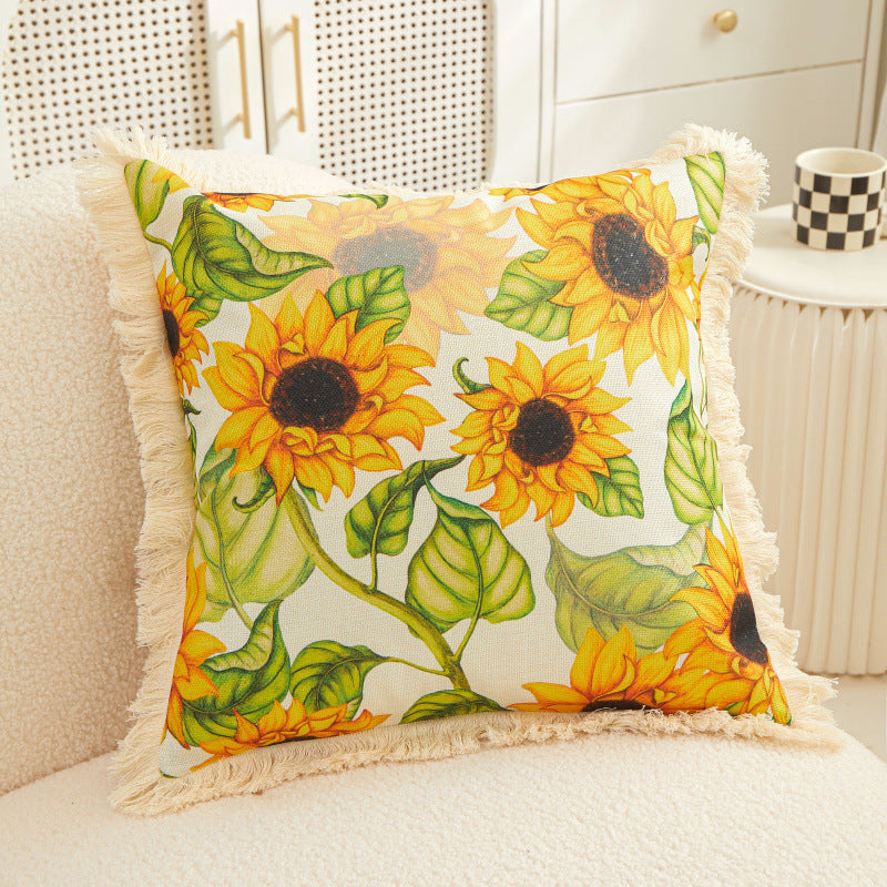Tassel Sunflower Linen Printed Pillowcase Home Bedroom Bedside Soft Upholstery Pillow