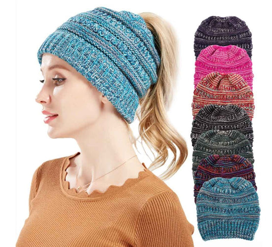 Mixed Color Knitted Wool Hat Ladies Ponytail Hat