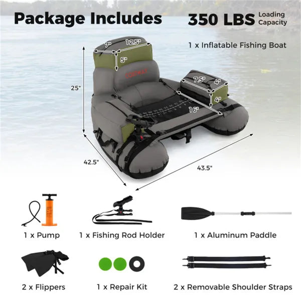 Inflatable Fishing Float Tube – 2 Air Chambers, Rod Holder & Fish Ruler, Green/Gray