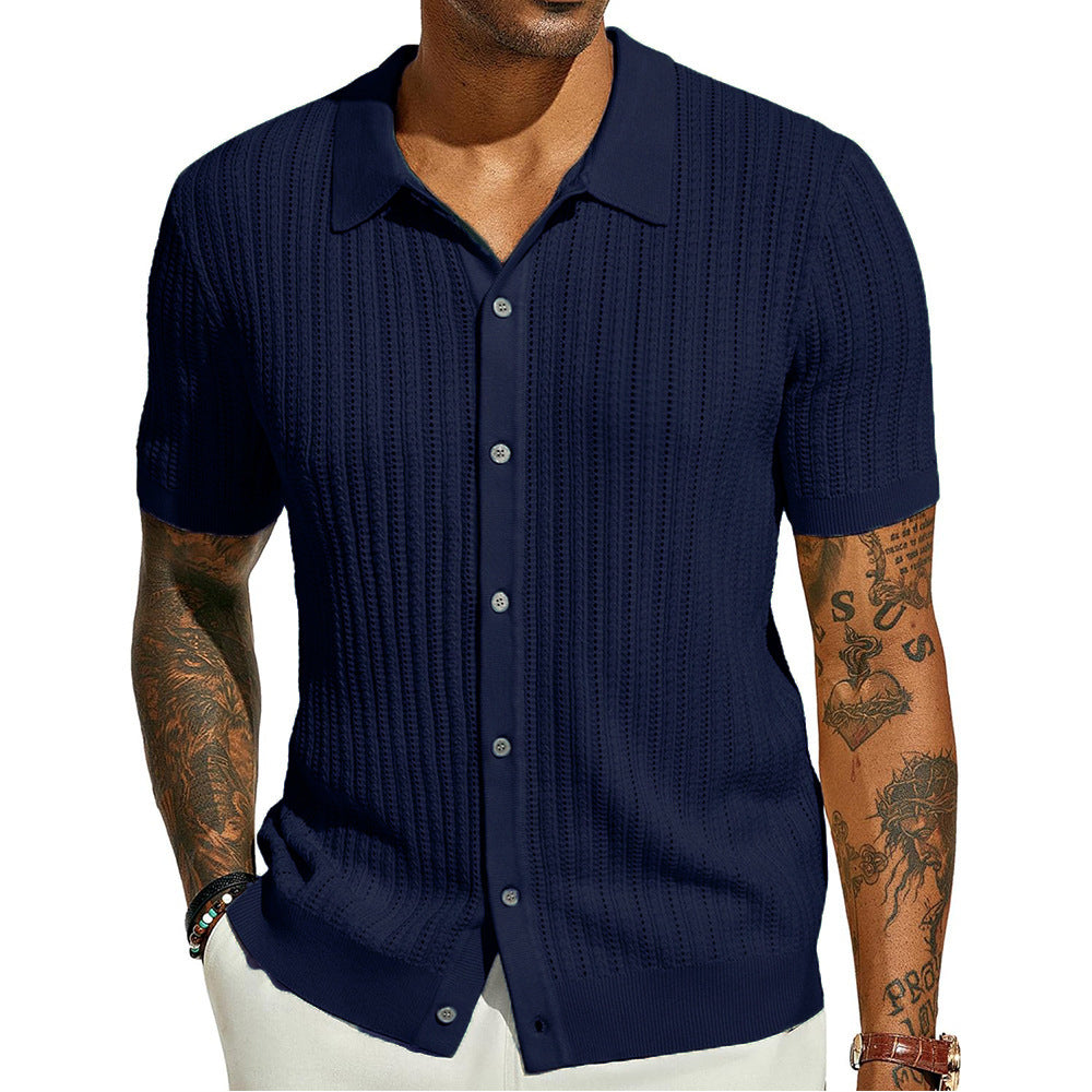 Men's Knitted Short Sleeve Button-Down Shirt, Solid Color