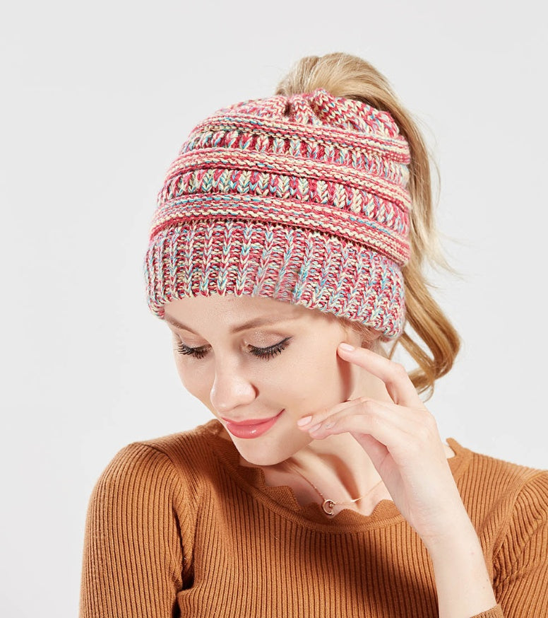 Mixed Color Knitted Wool Hat Ladies Ponytail Hat