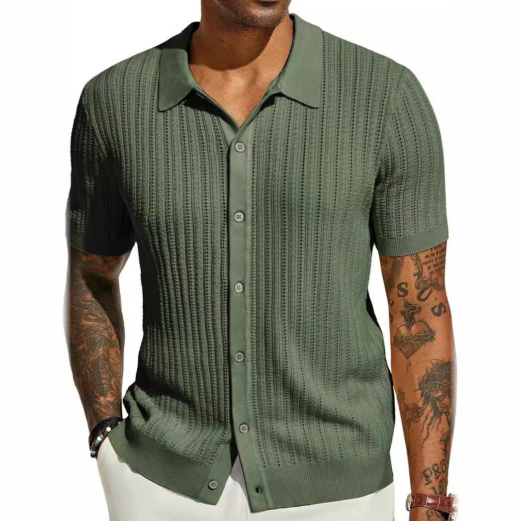 Men's Knitted Short Sleeve Button-Down Shirt, Solid Color