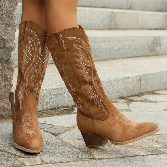 Elegant Women’s Embroidered Cowboy Boots — Western Leather Mid-Heel, Classic Western Design