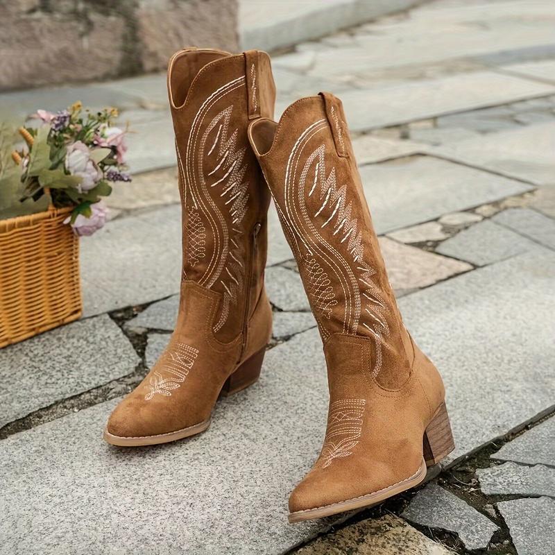 Elegant Women’s Embroidered Cowboy Boots — Western Leather Mid-Heel, Classic Western Design