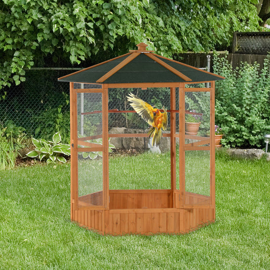 69 Large Wooden Bird Aviary Hexagonal Outdoor Aviary Flight Bird Cage With Covered Roof, Brown