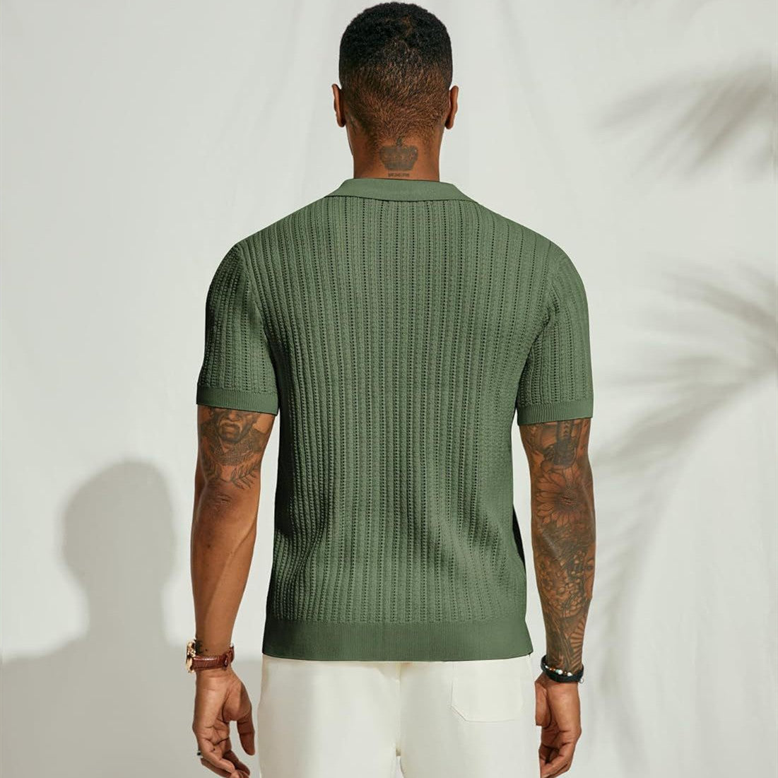 Men's Knitted Short Sleeve Button-Down Shirt, Solid Color