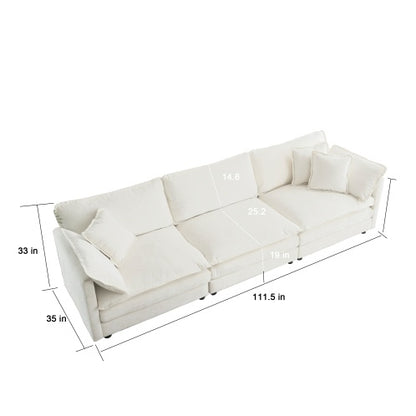 Mid-Century Modern 3-Seater Sofa – White Chenille Couch with Armrest & Toss Pillows