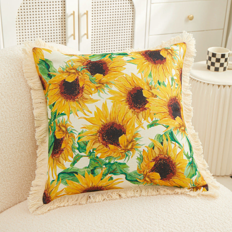 Tassel Sunflower Linen Printed Pillowcase Home Bedroom Bedside Soft Upholstery Pillow