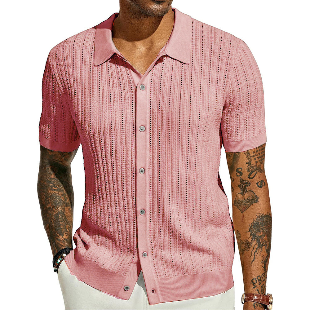 Men's Knitted Short Sleeve Button-Down Shirt, Solid Color