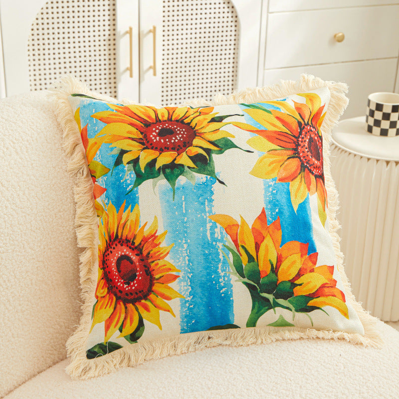 Tassel Sunflower Linen Printed Pillowcase Home Bedroom Bedside Soft Upholstery Pillow