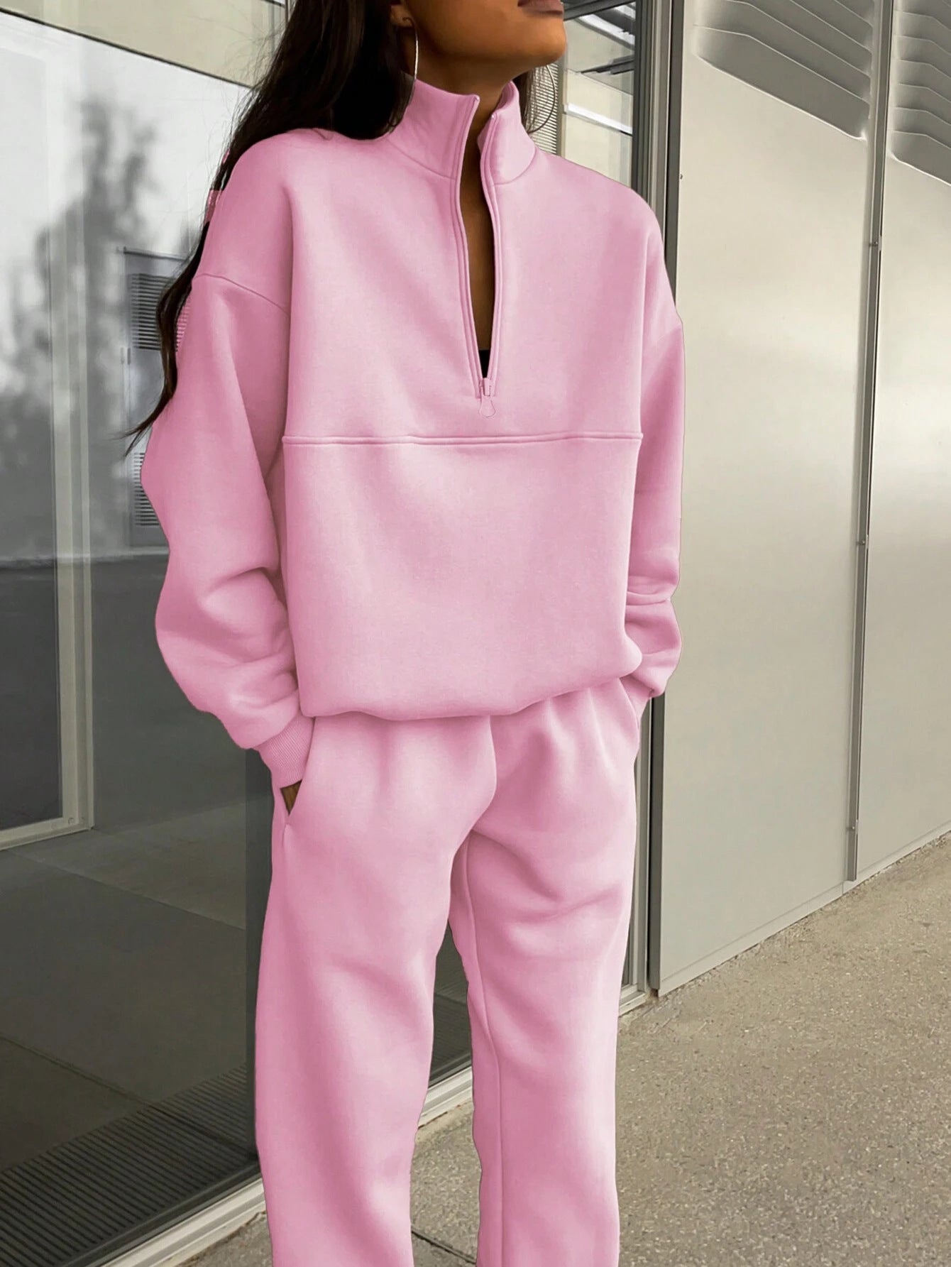 Long-sleeved Sports Sweatshirt Suit Fashion Stand-up Collar Zip-up Top And Elastic Band Trousers With Pocket  Fall Clothing For Women