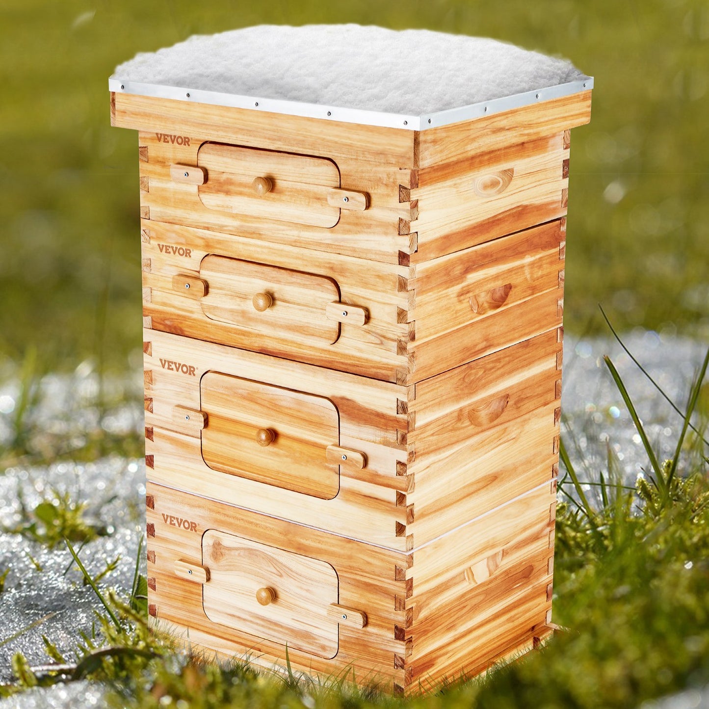 The Bee Hive 40 Frame Starter Kit includes beeswax-coated cedar wood, two deep, and two medium bee boxes.