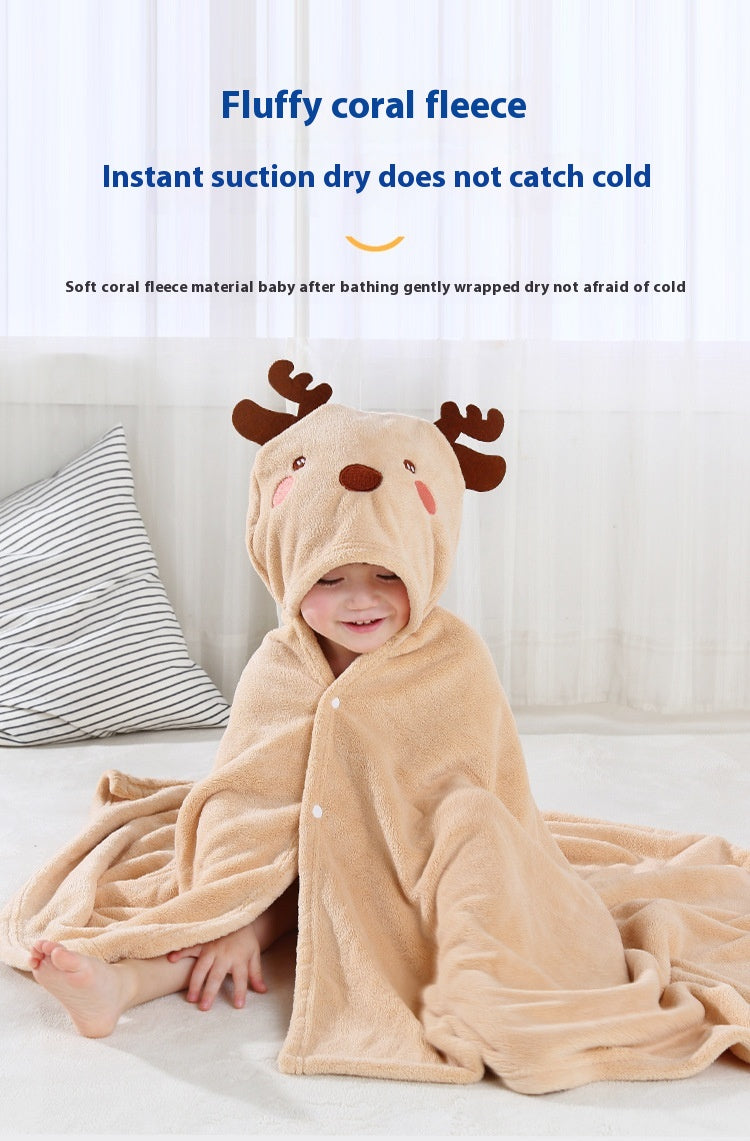 Kids' Hooded Quick-Dry Coral Fleece Bathrobe.
