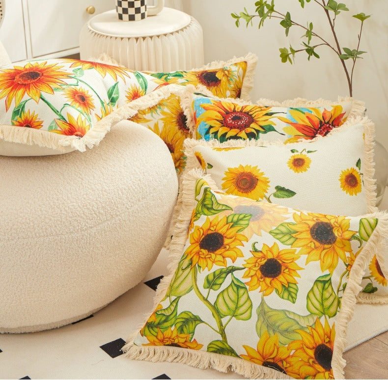 Tassel Sunflower Linen Printed Pillowcase Home Bedroom Bedside Soft Upholstery Pillow
