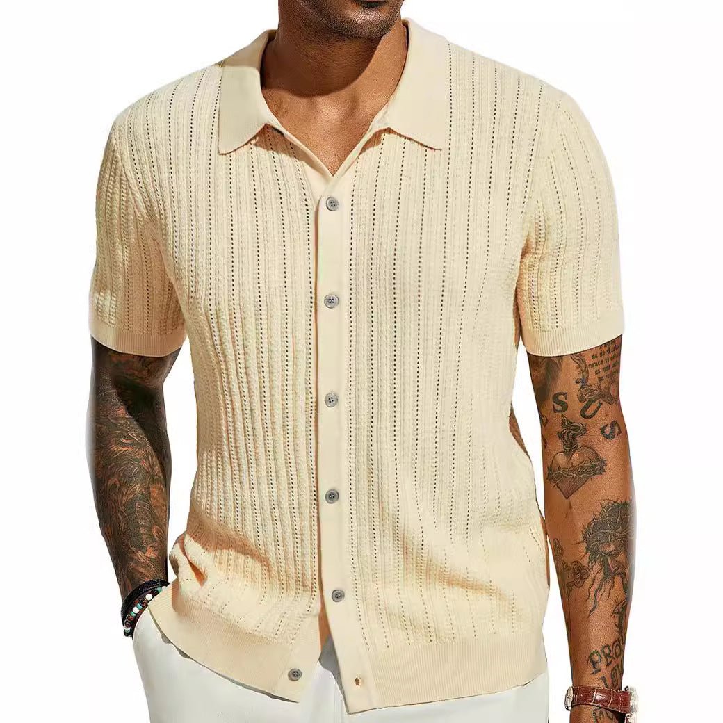 Men's Knitted Short Sleeve Button-Down Shirt, Solid Color