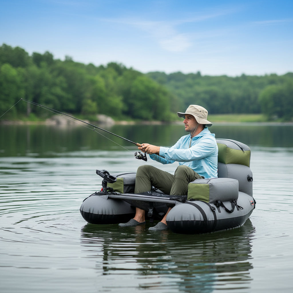 Inflatable Fishing Float Tube – 2 Air Chambers, Rod Holder & Fish Ruler, Green/Gray