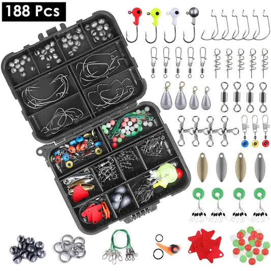 188PCS Fishing Accessory Kit – Portable Tackle Set with Jig Hooks, Sinker Weights, Spoon Lure & More