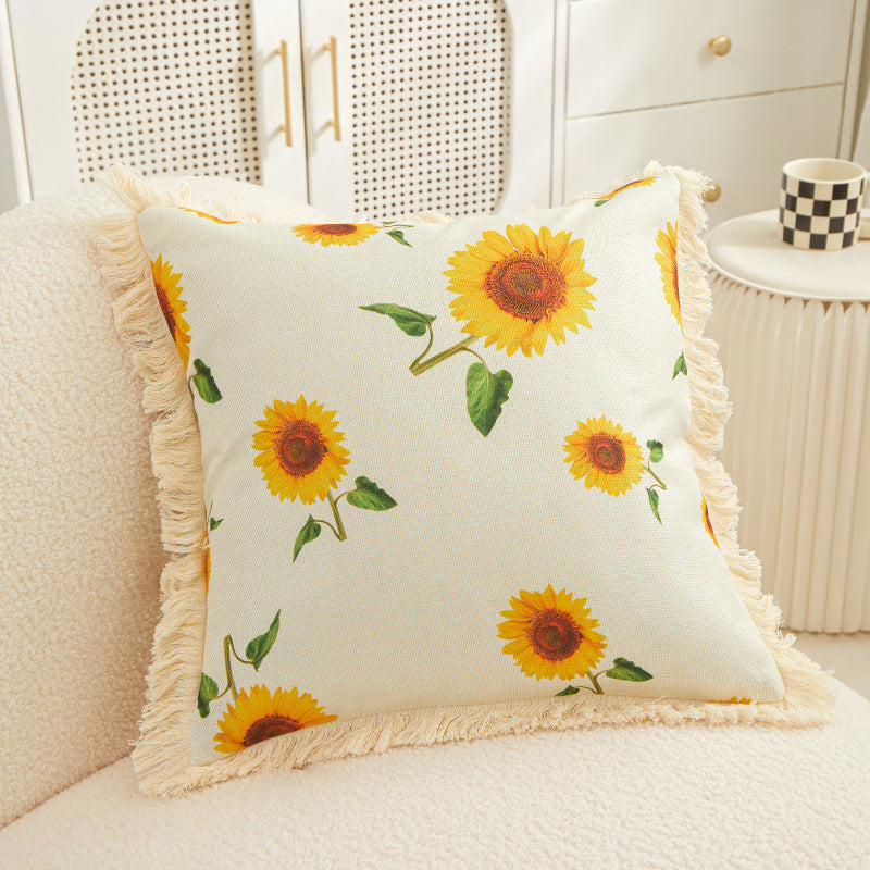 Tassel Sunflower Linen Printed Pillowcase Home Bedroom Bedside Soft Upholstery Pillow