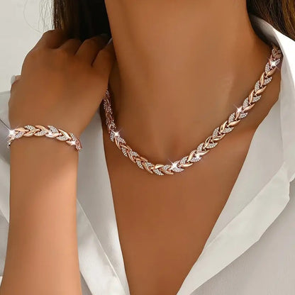 ✨ Women’s Luxury Willow Leaf Diamond Bracelet & Necklace Set – Elegant Jewelry Gift