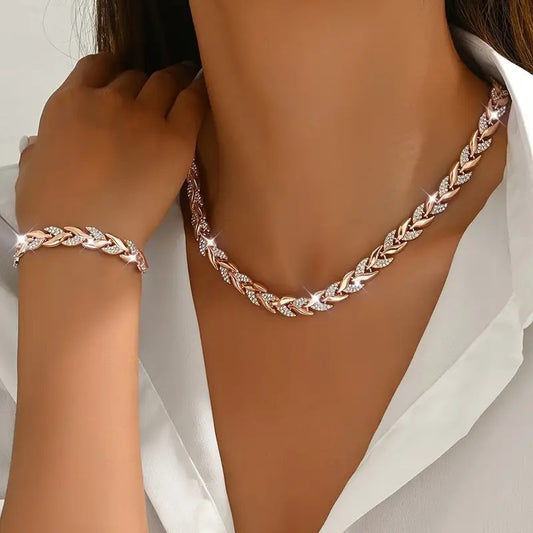 ✨ Women’s Luxury Willow Leaf Diamond Bracelet & Necklace Set – Elegant Jewelry Gift