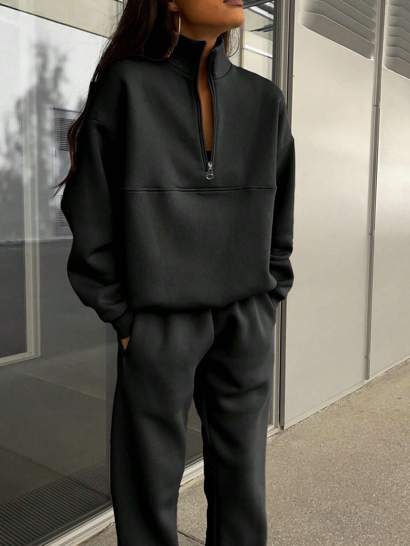 Long-sleeved Sports Sweatshirt Suit Fashion Stand-up Collar Zip-up Top And Elastic Band Trousers With Pocket  Fall Clothing For Women
