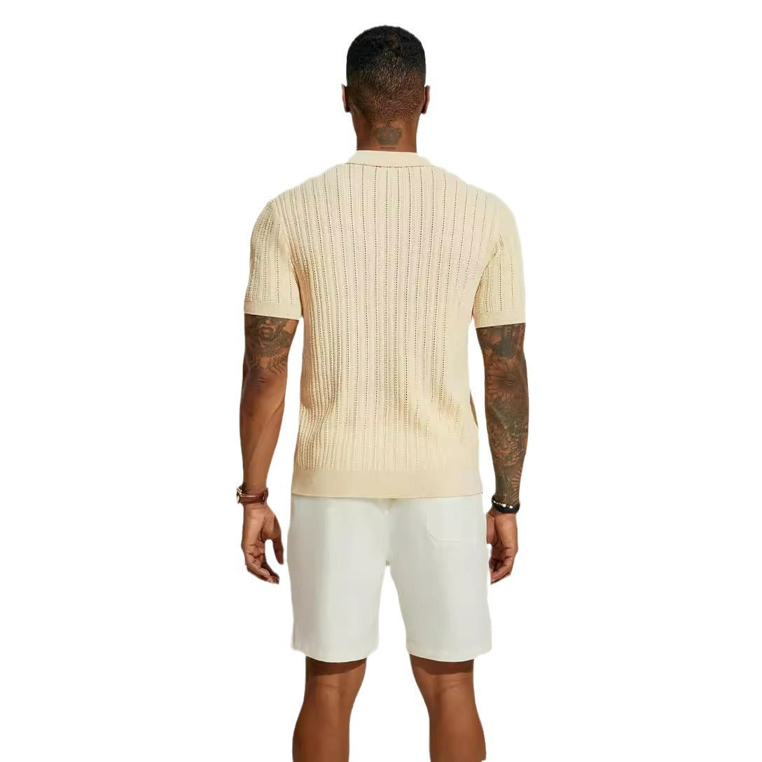 Men's Knitted Short Sleeve Button-Down Shirt, Solid Color