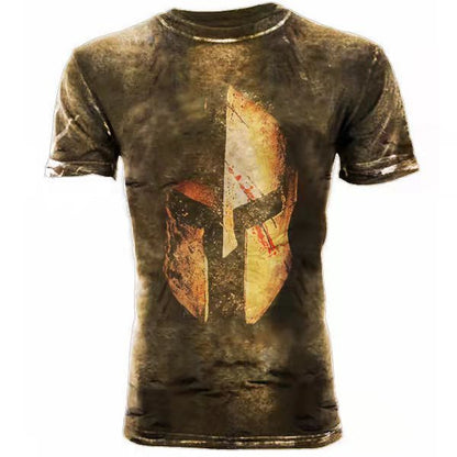Sheila Merchandise American flag graphic tee with distressed Spartan helmet design on brown background
