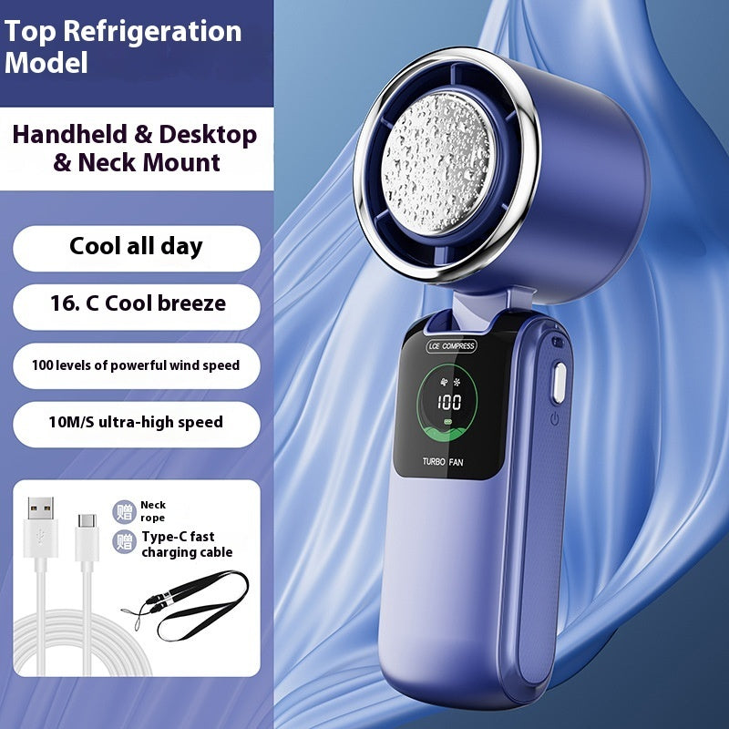 Arctic Breeze rechargeable mini fan in blue with handheld, desktop, and neck mount options and digital display