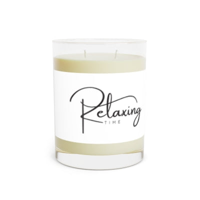Aromatic candles home decor in a clear glass container with elegant Relaxing Time label