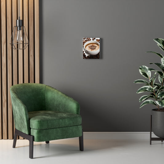 Canvas art for coffee enthusiasts featuring latte art on a wood background, perfect for home decor