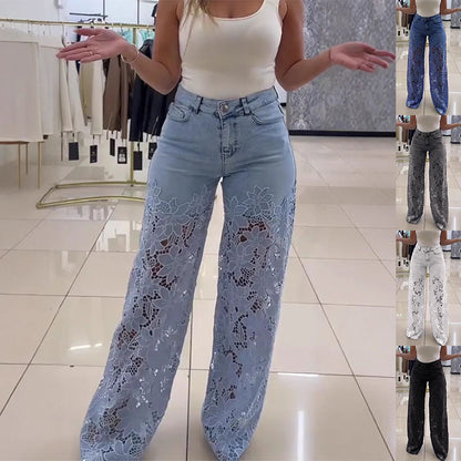 🌸 Women’s Lace Hollow High Waist Wide-Leg Jeans – Elegant & Stylish