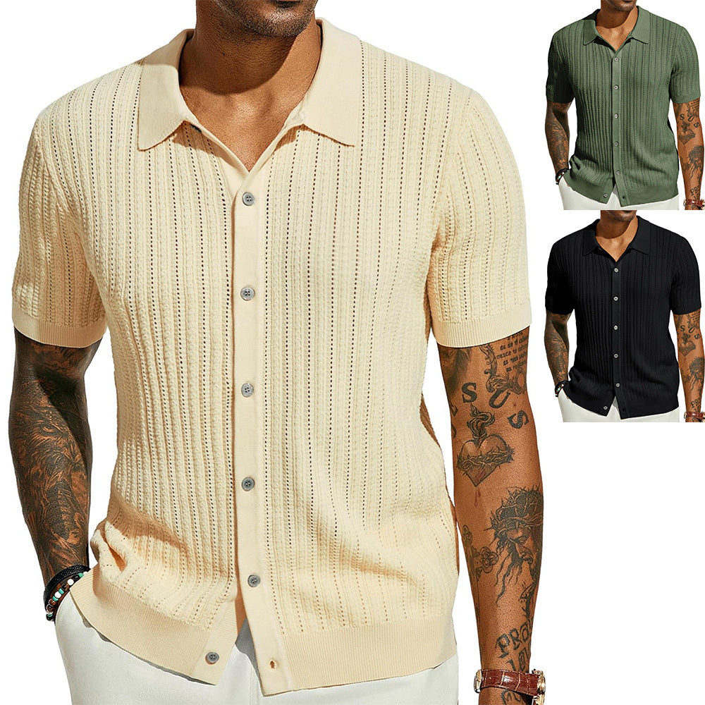 Men's Knitted Short Sleeve Button-Down Shirt, Solid Color