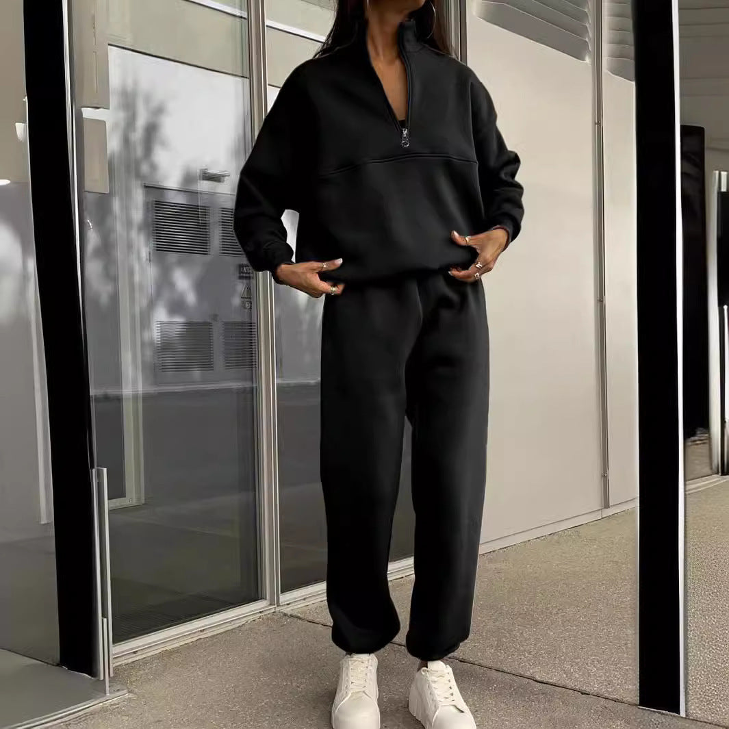 Long-sleeved Sports Sweatshirt Suit Fashion Stand-up Collar Zip-up Top And Elastic Band Trousers With Pocket  Fall Clothing For Women