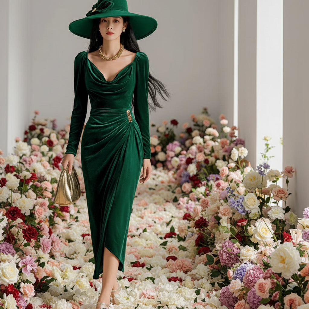 Long-Sleeved Pleated Velvet Sheath Dress with High Slit.