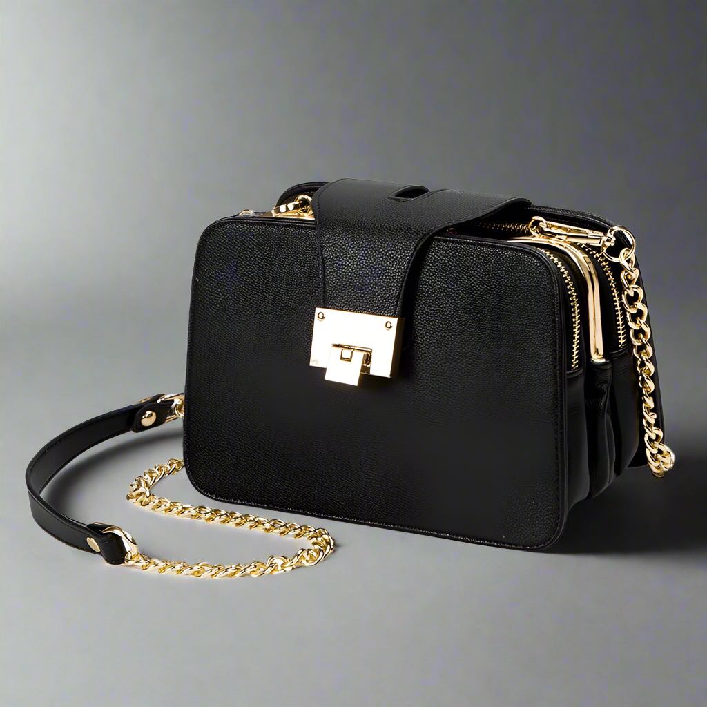 Women Black Versatile Fashion Handbags with Gold Chain