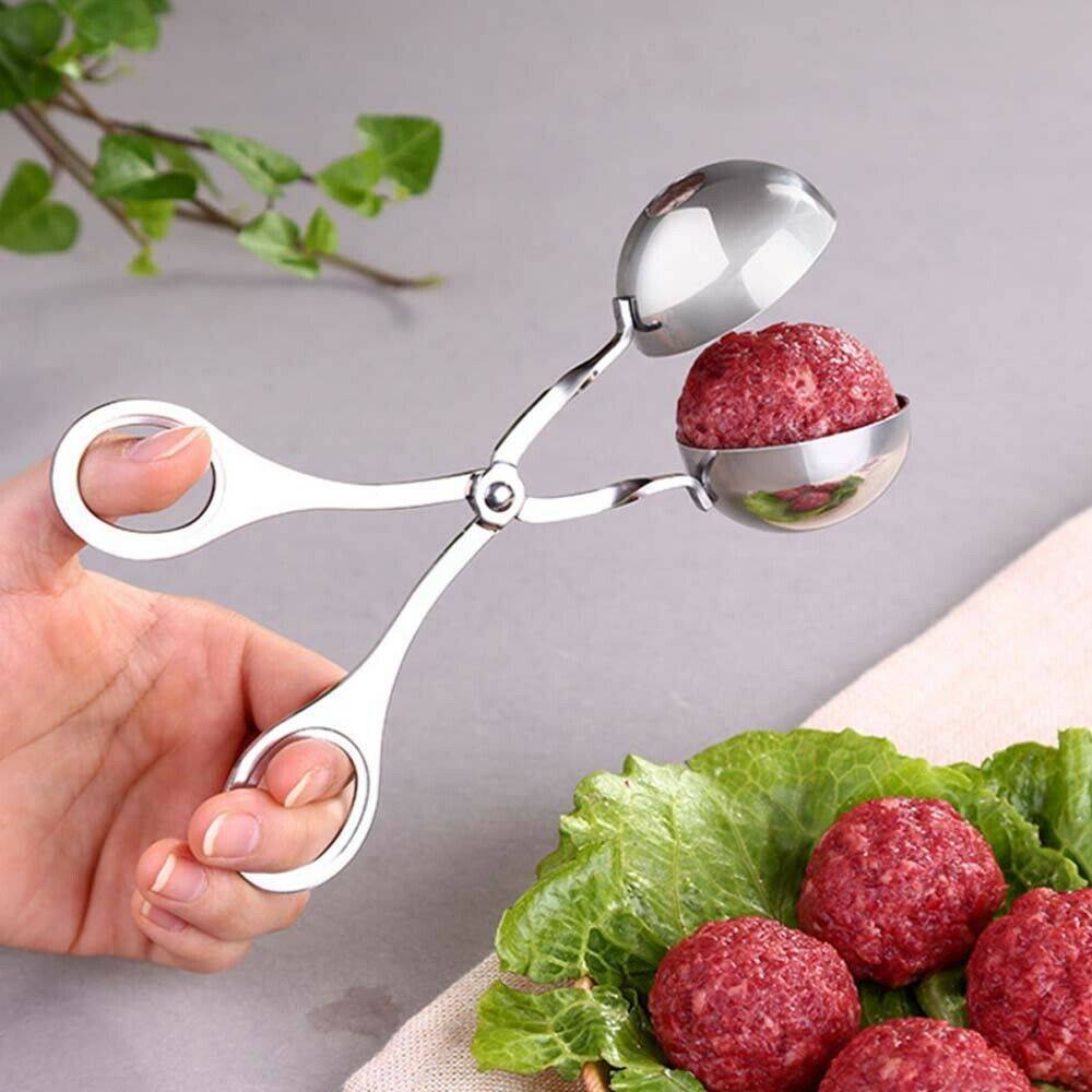 Stainless steel non-stick meatball maker showing perfectly shaped meatballs, the best meatball maker spoon for home cooks