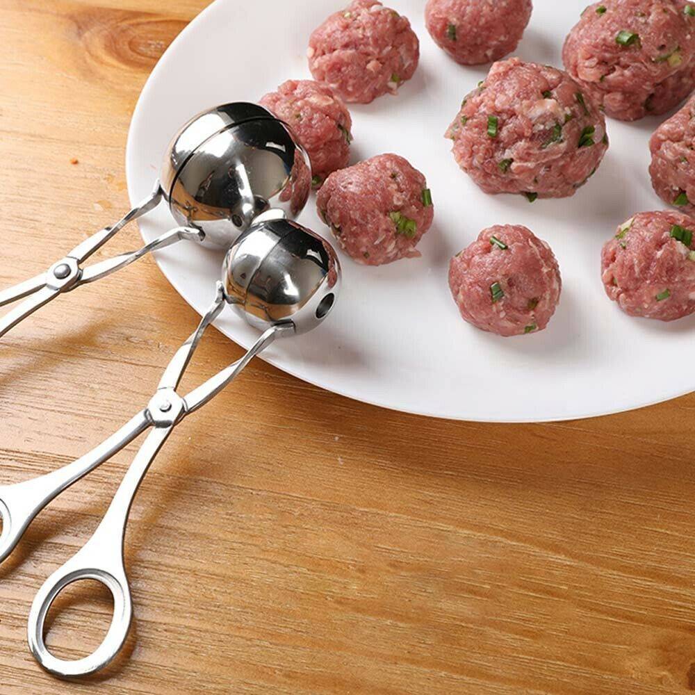 Stainless Steel Non-Stick Meatball Maker spoon for home cooks with freshly made meatballs on a plate